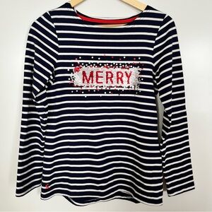 Joules Harbour Luxe Stripe Sequin “Merry” Cotton Long Sleeve Holiday Top Small